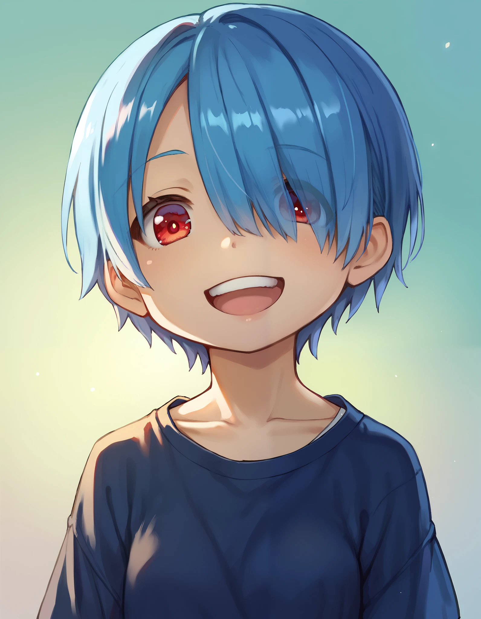 score_9,score_8_up, score_7_up,
akihito,
1girl, solo,
red eyes, blue hair, short hair, hair over one eye, looking at viewer, smile, open mouth, upper body