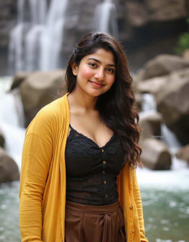 Sai pallavi  water in a river, next to a waterfall, in water up to her shoulders, dripping wet, bathing in a waterfall, gorgeous lady, cute woman, gorgeous woman, in the water, gorgeous female, in a river in the jungle, yellow cardigan, dark lace chemise, dark brown skirt, top button open, layered clothing, open neck, close up, depth of field, beautiful model, playing in waterfalls, with waterfalls, wet clothes, oily clothes, dripping water, running water, smile, depth of field, overcast, misty