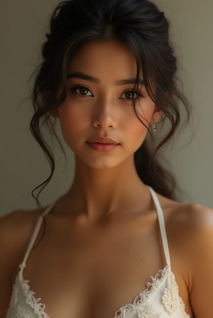 Madina girl Photorealistic, ultra-detailed, Beautiful woman, portrait photo, Solo, bright scene, bright morning, The essence of real life, black colour hair, twenty years old, cheerful , show medium cleavage, flashlights, Crystal clear sky, analogue style, film grain, Best shadow, primitive, Instagram LUT. portrait sophie mudd, thick neck, 19 year old female model, 22 years old, 21 years old, profile image, brown eyes, realistic, post-processing, maximum detail,