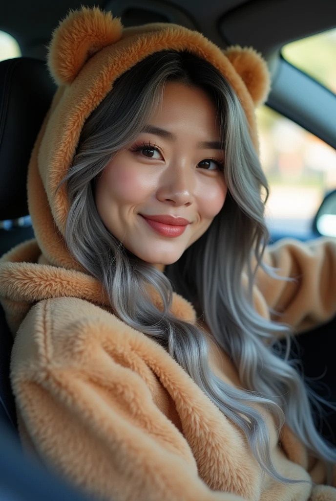 Extremely photorealistic a beautiful youthful looking fit and muscular Japanese women as a 50 years old wom an long comple tely hair in a long styles her graying hair transitio n from jet black fading to silver at the ends, her hair complements her mature yet youthful appearance she may be 50 years old but she look li ke a 25 year old with her long hair graying wearing a (bear costume), cute bear onesie pajamas, super soft light brown plush fabric, wearing a fluffy hood, adorable bear hood,driving home after picking up her younger high school age 18 year old boyfriend with short black hair he is 6 foot picking him up after a day at school he is wearing a red polo shirt t hat is a high school uniform she is smiling for the camera