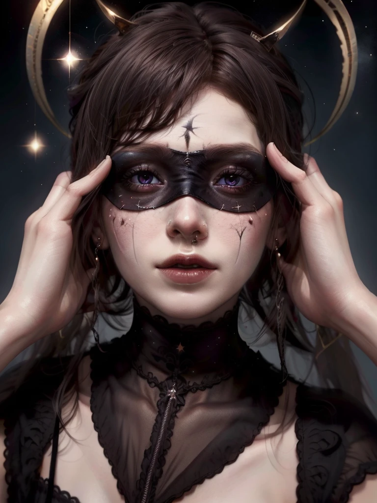 a woman with stars all over her face, marc brunet, black blindfold, gilded, the void people, breathtaking stars, dressed in black, covered head, with a star - chart, wearing dark silk, vertical eyes, blindfolded, her gaze is downcast