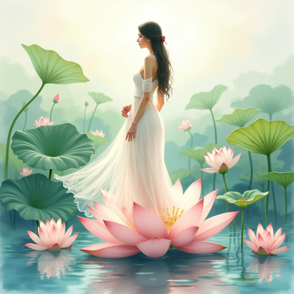 a painting of a woman sitting in the water with lotus flowers in the background, a watercolor painting, featured on deviantart, standing gracefully upon a lotus, beautiful painting, very very very beautiful art, watercolor colored painting, waterpaint art, beautiful character painting