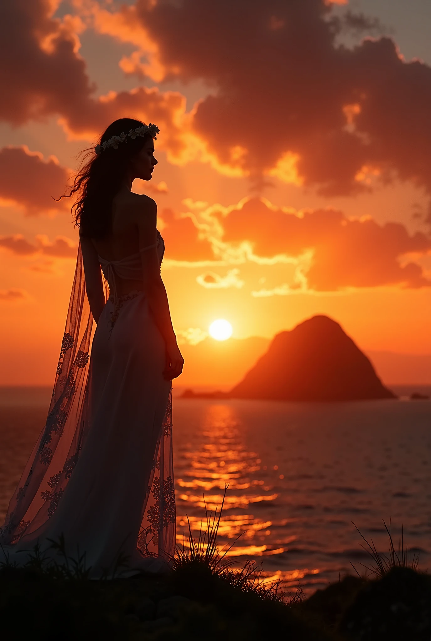 haute qualité, Ultra HD 8K, Une belle double exposition qui combine une silhouette de déesse avec une côte au coucher du soleil, la côte au coucher du soleil servant de toile de fond sous-jacente, avec ses détails intégrés à la déesse, lignes nettes, Le fond est monochrome, mise au point nette, double exposition, par yukisakura, superbe plein de couleurs.