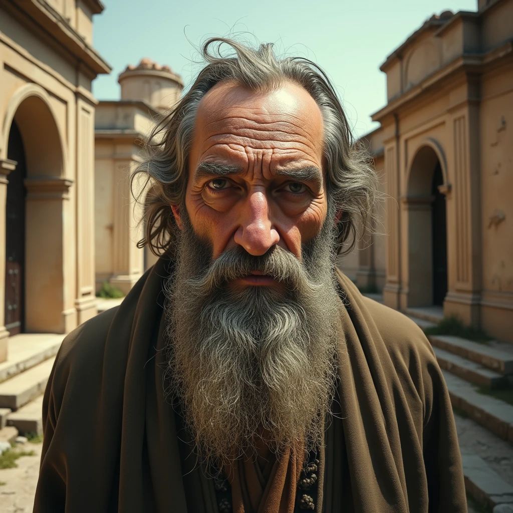 Images 16: 9 about an old stoic, bearded, Absurd image , 4k ancient Greece, houses,