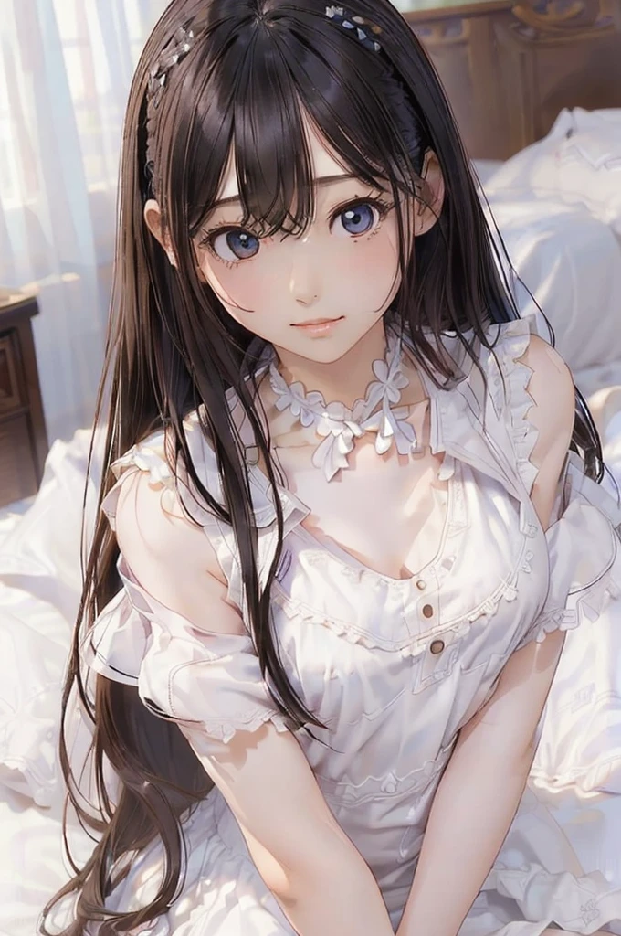 (Best Quality,High resolution,8K,finelity detailed background,Masterpiece:1.2),beautiful girl,Shiny brown hair,messy hair,Brown eyes,Gentle look,A refreshing look,Best quality,Best Quality,Aesthetic and aesthetic:1.2,Best details((Super detailed))(High-definition CG illustrations),cute下着 (white,intricate lace),Slender body,Late Night,Moonlit Night,Bedroom,On the bed,smile,blush,cute,Scrounge,Looking up,Being spoiled,super model,on back,shoot from above