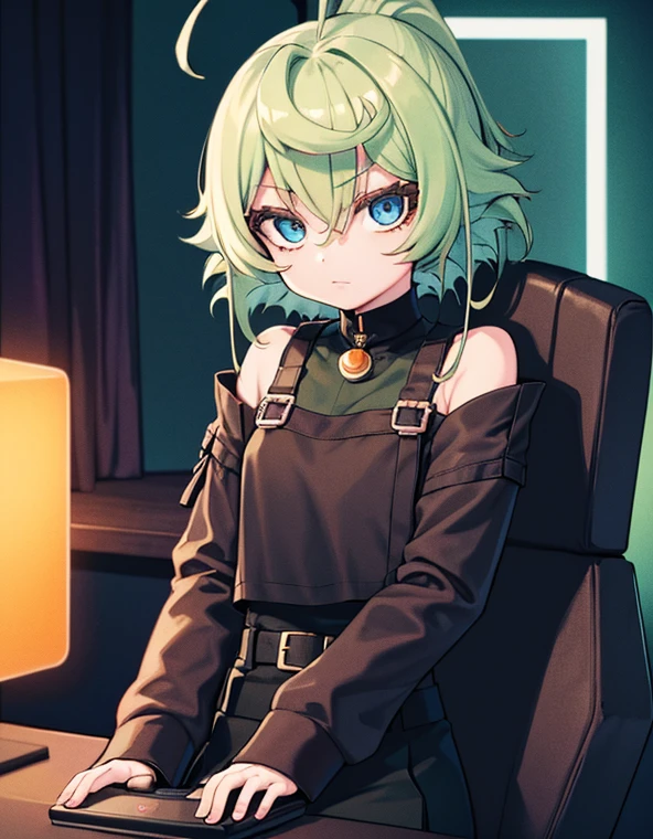 1 girl, Anby, short hair, green headphones, white hair, orange eyes, black skirt, black and green sweater, black and green detached sleeves, white crop top under sweater, black fingerless gloves, black choker, ((holding controller)), by computer desk, sitting on gaming chair, neon lights around room, neon lights coming out of computer, facing sideways, looking at viewer, background: gamer bedroom, dark room, night,starrystarscloudcolorful