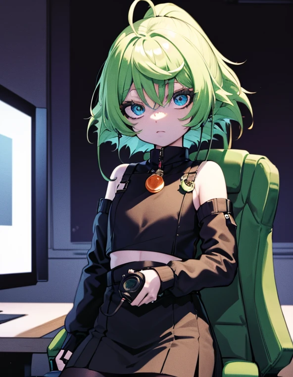 1 girl, Anby, short hair, green headphones, white hair, orange eyes, black skirt, black and green sweater, black and green detached sleeves, white crop top under sweater, black fingerless gloves, black choker, ((holding controller)), by computer desk, sitting on gaming chair, neon lights around room, neon lights coming out of computer, facing sideways, looking at viewer, background: gamer bedroom, dark room, night,starrystarscloudcolorful