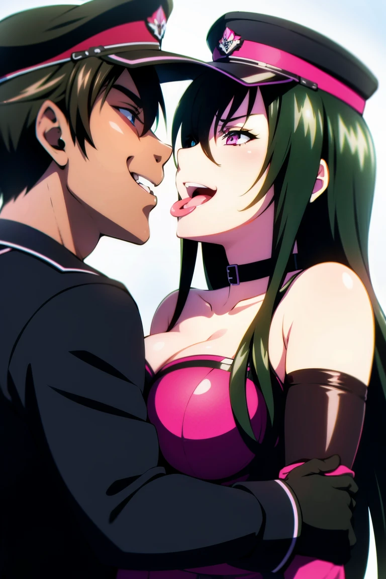 bondage, kiss, long hair, side shot, 1girl and 1man, peaked military cap, elbow gloves, choker, bare shoulders, pink eyes, evil smile, open mouth, tongue out, couple, nsfw, A tongue-twisting kiss with an fat and ugly man, hair between eyes, evil smile, face closed up, 