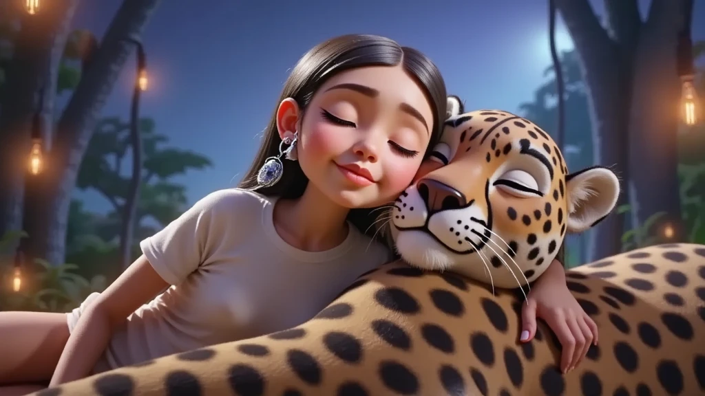 A movie poster in high resolution and in high quality with a girl, Brazilian Indian with black hair, , ****, , age:12, with a white t-shirt without a bra and without a print, hugged, sleeping with her eyes closed with a jaguar.