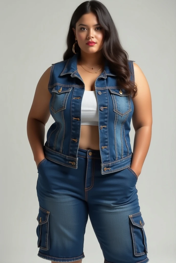Create a blue denim outfit Cralo , vest and cargo shorts on the body of a full model with the logo with the name TITO .