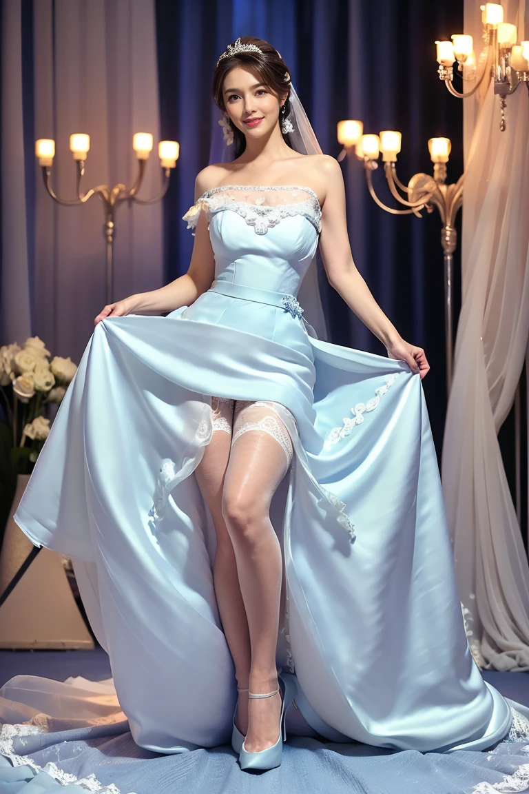 Full body view (full-length portrait of an 18-year-old female lifting skirt), (in ball gown, intimate, detailed: 1.3), (panties: 1.3), (very detailed face: 1.4), (white background: 1.2), (8k, uhd, DSLR, high quality, cinematic lighting, bokeh), (dramatic, award-winning photography, incredible masterpiece: 1.3)