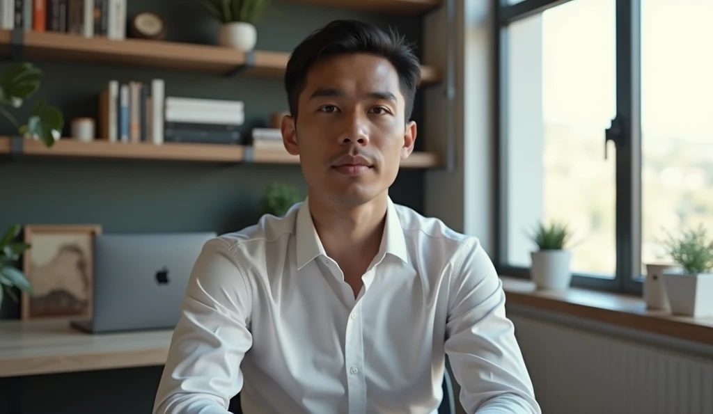 {subject: "A 30-year-old Indonesian man with a neutral expression", image_type: "photorealistic indoor scene", environment: "a sleek and modern home office with a minimalist desk, laptop, and bookshelf in the background", style_keywords: "contemporary, professional, clean lines", inspirations: "{Dieter Rams, Architectural Digest}", lighting: "natural light streaming in from a large window, creating subtle highlights", camera: "medium shot, showing him seated at the desk with a neutral expression, slightly angled towards the window", render_settings: "8k resolution, sharp details, smooth color balance"}