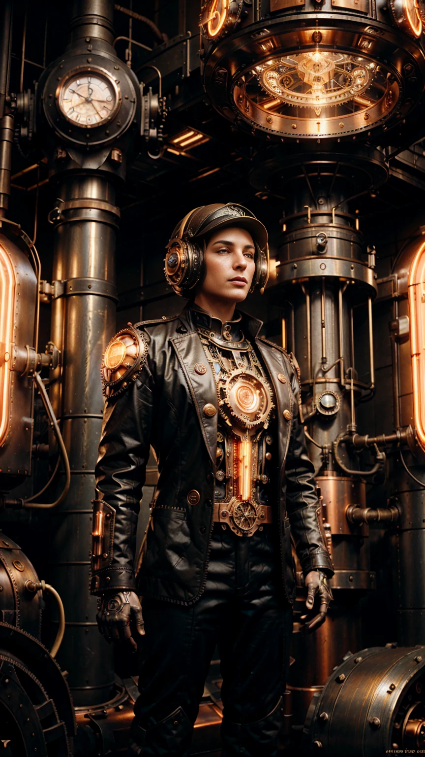 A futuristic vintage landscape, detailed clockwork machinery, glowing neon lights, intricate steampunk architecture, vintage aesthetic, cinematic lighting, muted color palette, dramatic shadows, mechanical gears, copper and brass accents, best quality, 8k, highly detailed, photorealistic, cinematic composition, moody atmosphere