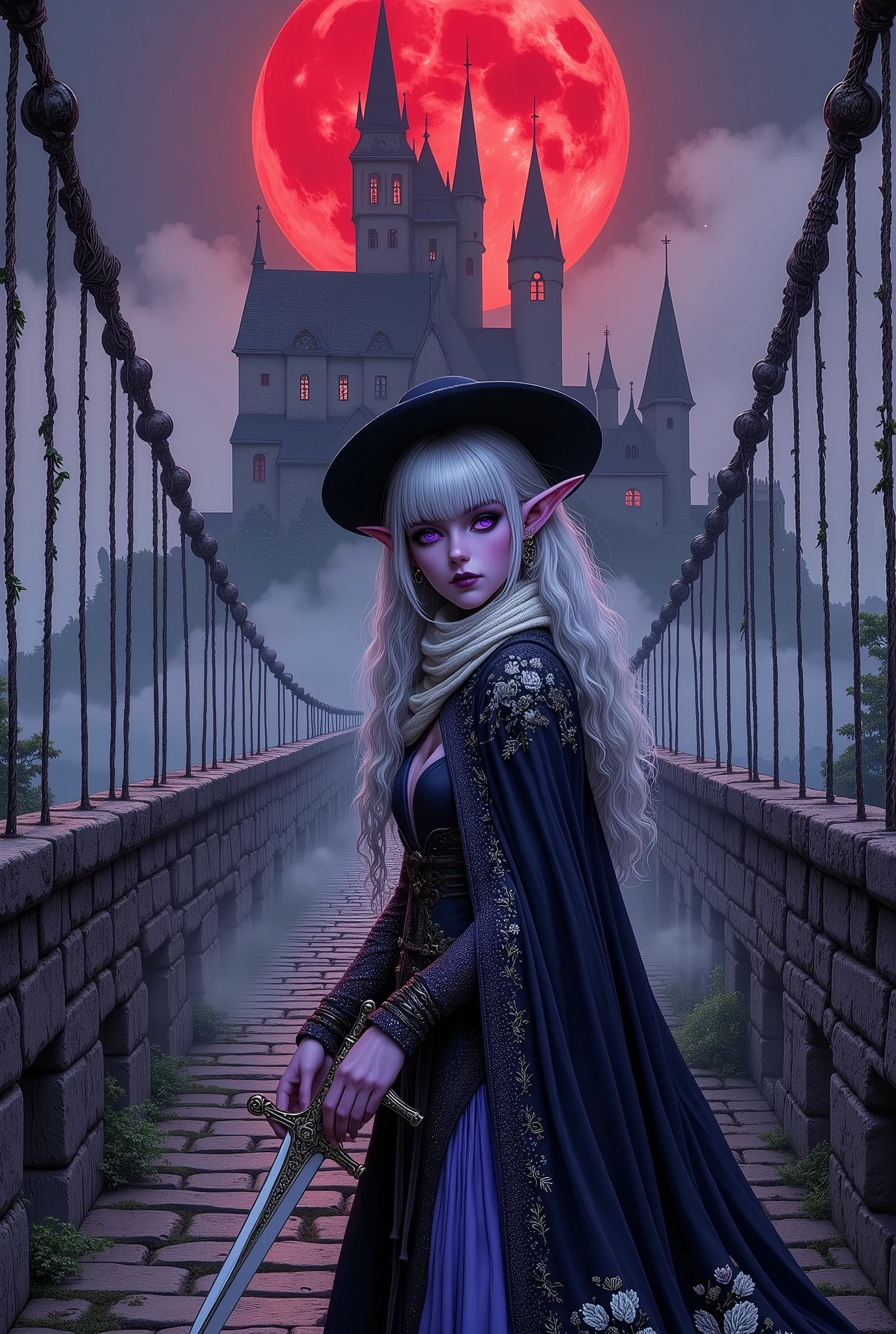 (Ultra-detailed face, Looking away, Fantasy Illustration with Gothic, Dark tone colors.), BREAK 
(A viewpoint looking slightly up at the bridge from the side. A misty night, with a blood-colored moon turning the landscape red. On a stone suspension bridge leading to Dracula's Castle, an ancient and disfigured medieval European castle, a female dark elf vampire hunter is about to draw a shiny, pale silver dagger from its sheath on her back, hanging from a belt at her waist. In one hand, she holds a large silver cross with a thin chain in front of her and crosses the stone bridge carefully, keeping her stance low. The area is shrouded in a deep fog.), BREAK 
(A female dark elf vampire hunter wears a wide-brimmed hat and a white lace scarf. She wears a cape dress of dark blue sheer fabric organdy with a white lily flower pattern woven into it, woven with layers of thin silver cord. She wears soft leather boots with woven silver tape.), BREAK 
(A young aged dark elf female vampire hunter with glossy pure white hair and eyebrows, blunt bangs, very long braided hair that is gently wavy with moisture, small pink lips, dark purple skin, lavender eyes, and thick dark eyeliner around her eyes.), BREAK 
(This is a rugged mountainous region ruled by a brutal Dracula lord. Beyond an old stone bridge, a gothic castle with a series of piercing spires can be seen rising out of the mist.)