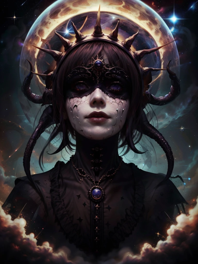 lump of darkness, a cosmic art, abstract lovecraftian artstyle, abyss a woman with stars all over her face, marc brunet, black blindfold, gilded, the void people, breathtaking stars, dressed in black, covered head, with a star - chart, wearing dark silk, vertical eyes, blindfolded, her gaze is downcast