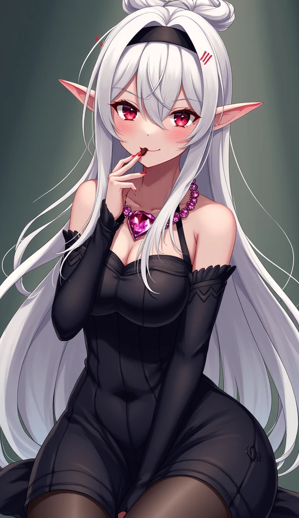 8k, masterpiece, highest quality, best quality, official art, beautiful and aesthetic, extremely detailed, (fractal art: 1.3), colorful, highest detailed, perfect face, upper body, HDR, sexy, wide hips, thicc figure, Detailed face, Detailed eyes, red eyes, perfect face, perfect eyes, ( 1elf, 1 female elf, 1girl, trans, futa, futanari, big ass, slim waist, pretty face, long white hair, sharp jawline, he is sexy, she is beautiful, she has black eyeliner, he has makeup, she has a girly face, she is tanned, she has big , she is blushing, she wears blush, hips wider than shoulders, slim torso, black lipstic, e-girl makeup, blushing, pretty, sharp jawline, red eyes, cute, thigh high socks, goth clothes, black skirt, black crop top, black lipstick, black eyeliner, cute smile, Goth, goth priestess, RAVEN, goth makeup, goth clothes, white hair, wolf cut