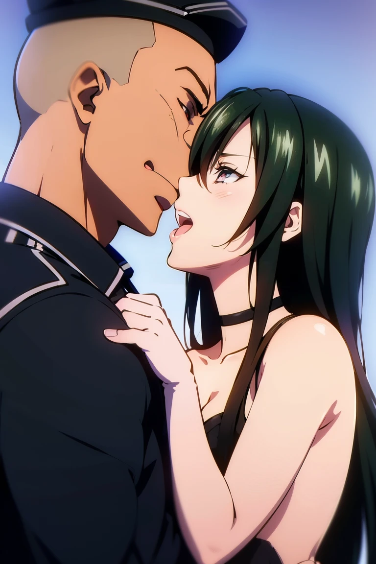 bondage, kiss, long hair, side shot, 1girl and 1man, peaked military cap girl, elbow gloves girl, choker, bare shoulders, pink eyes, evil smile, open mouth, tongue out, couple, nsfw, A tongue-twisting kiss with an fat and ugly man, hair between eyes, evil smile, face closed up, naked man, Bald man, skin head man, 
