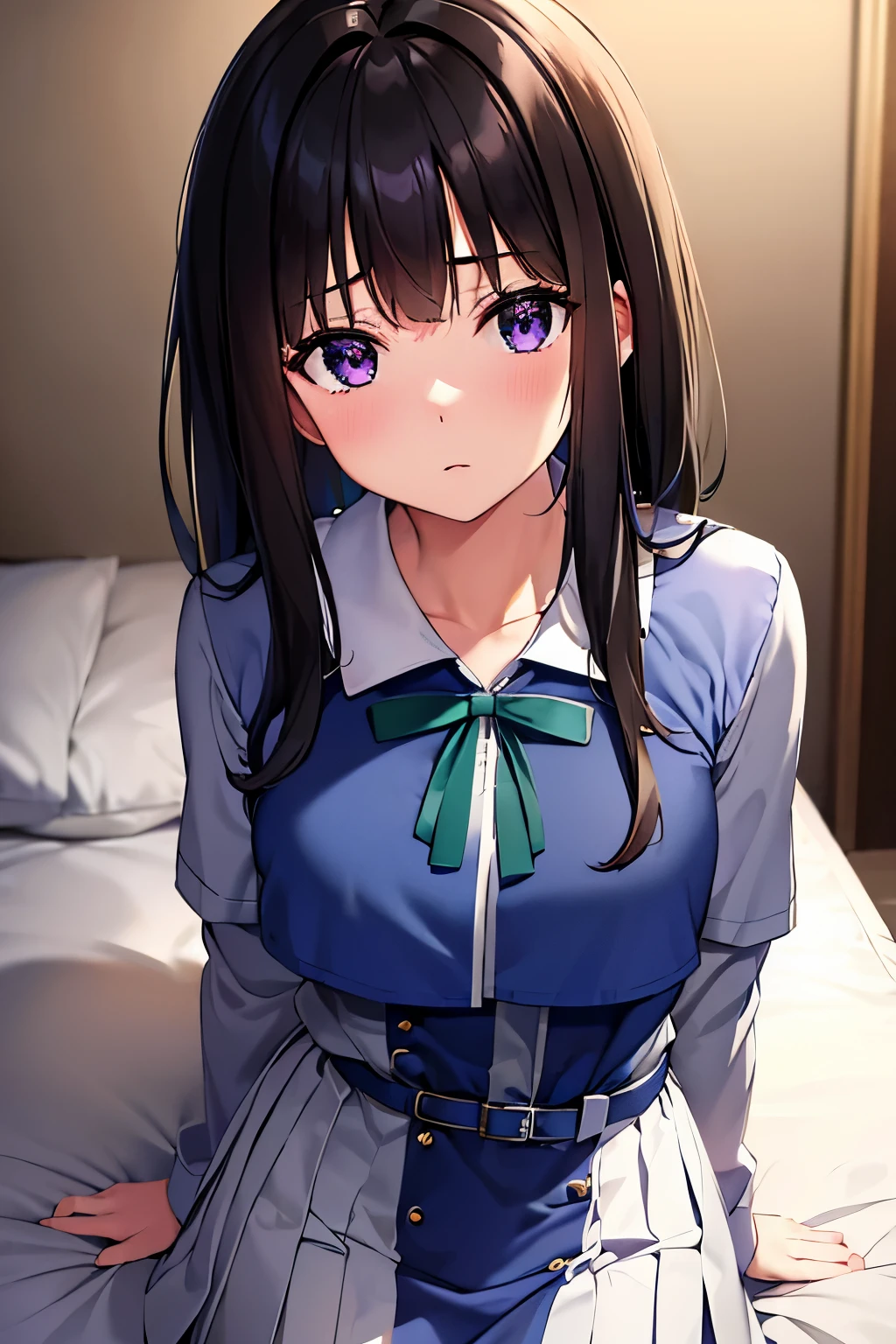 Inoue Takina 、inoue takina、 Medium Hair 、bangs, black hair, ( purple eyes:1.2), break shirt, Long Sleeve , dress, ribbon, school uniform, white shirt, colored shirt , belt, neck ribbon, blue dress, green ribbon, pleated dress, grey dress, two-tone dress, blue belt, lettuce ris uniform , Blushing 、 on the bed、 lies down、Lying on your back、bedroom 、looking at viewer, ( COWBOY SHOOTING :1.5), break (masterpiece:1.2), best quality, high definition , Unity 8K Wallpaper, (Illustration:0.8), ( beautiful detailed eyes :1.6), extremely detailed faces, perfect lighting, extremely detailed CG,