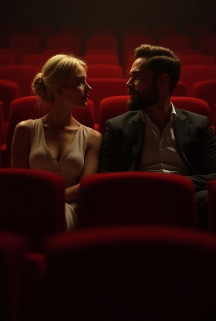 Blonde girl with a man with straight black hair in the cinema( Let it not be noticed that there is love)
