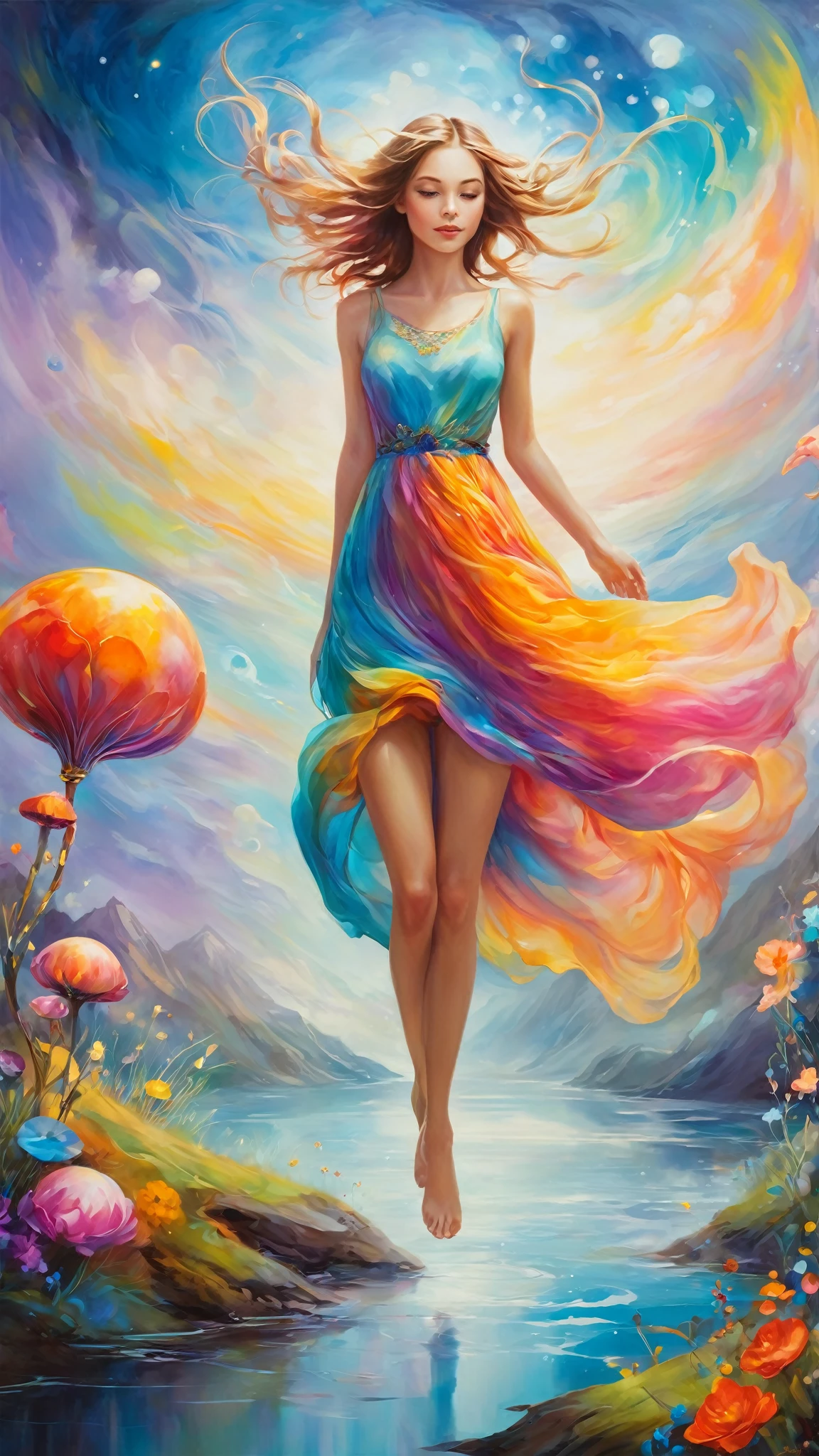 a woman in a bright dress walks through a whirlpool of lush clouds, colorful digital fantasy art, Beautiful color art!, Beautiful and colorful, with beautiful flowers, beautiful digital art, beautiful gorgeous digital art, colorful HD picture, Gently swirling magical energy, colorful art, very beautiful digital art, Bright, Beautiful Colors, gorgeous digital art, surrealism dressed in multi-colored silk