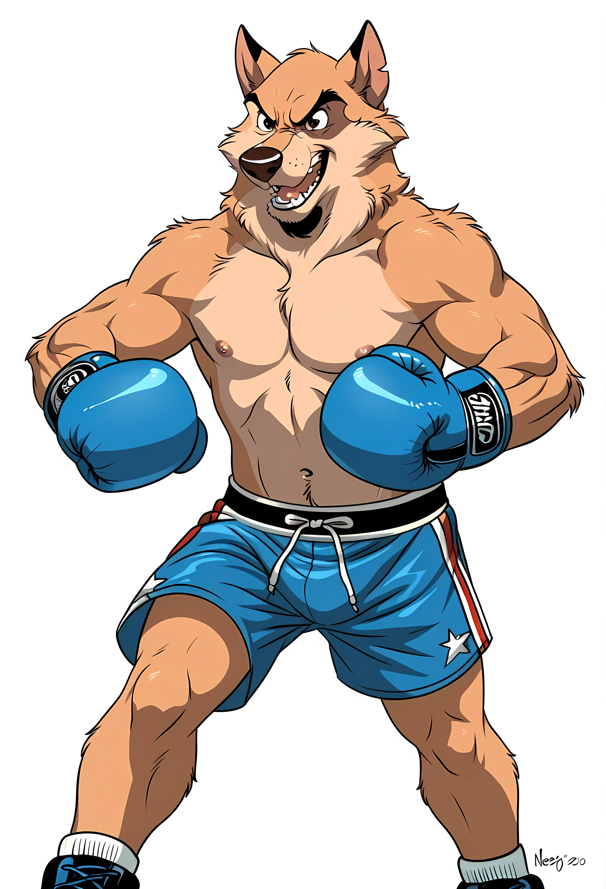 kaltag, alaskan malamute, detailed, detailed face, detailed eyes, anthro body, male, adult, very muscular, cartoon shading, cel shaded:1.0, confident, boxing trunks, (wearing boxing gloves, detailed boxing gloves):1.1, (no background, white background):1.5, bare chest, by wfa, by negger, puffed chest, boxing pose, action pose, punching