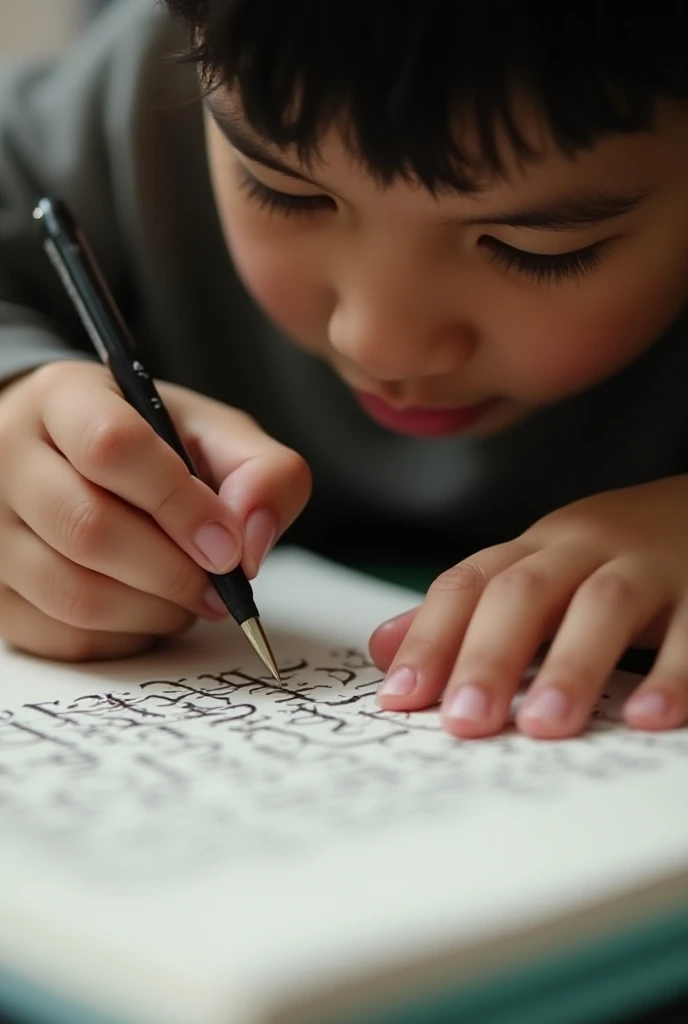 A boy is sitting at a table and writing on a white paper.It will be written on white paper.Everyone, stay well offline. I don’t know when we’ll meet again. Allah Hafiz."This would be written on a white piece of paper, with the text appearing bright