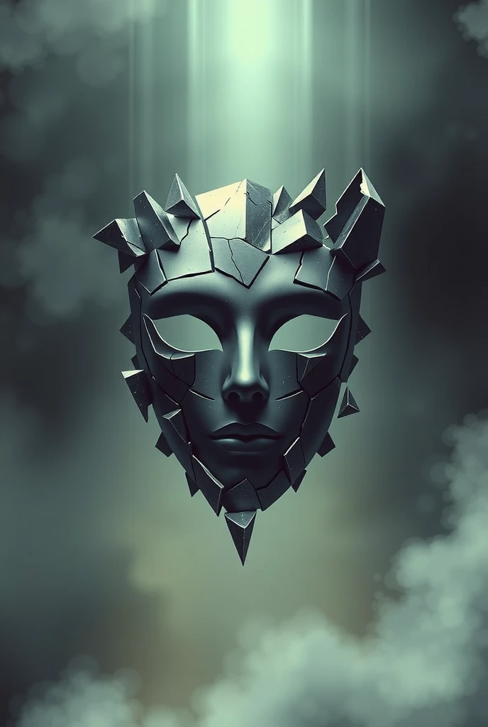 "Hubris of Naiveté" and the subtitle "The Façade of Zero" drawn using Gothic font against an abstract cover, blending surreal and futuristic aesthetics. A shattered mask floats in a misty void, adorned with fragmented, reflective surfaces. Ethereal light beams and muted tones evoke introspection and mystery.