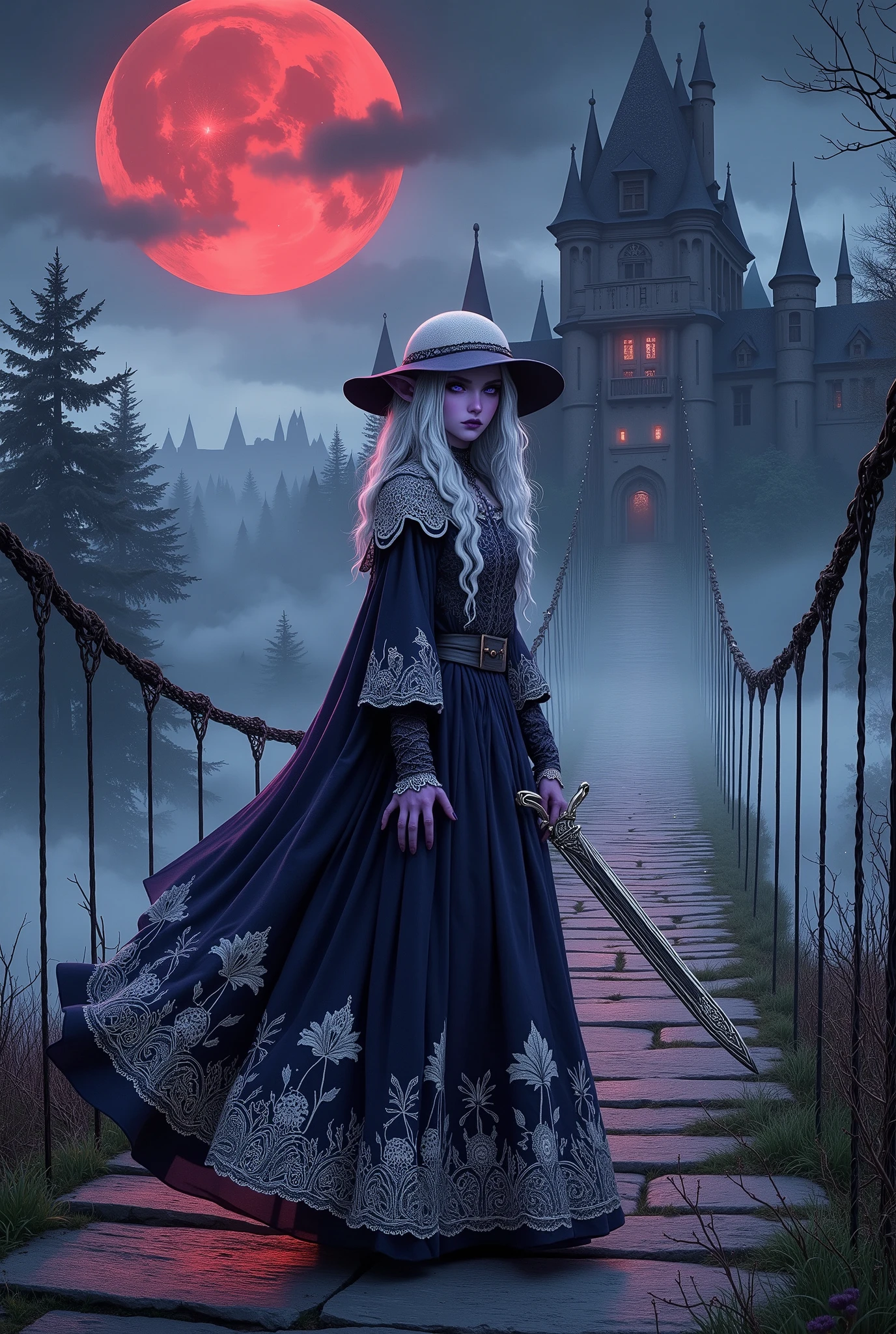 (Ultra-detailed face, Looking away, Fantasy Illustration with Gothic, Dark tone colors.), BREAK 
(A viewpoint looking slightly up at the bridge from the side. A misty night, with a blood-colored moon turning the landscape red. On a stone suspension bridge leading to Dracula's Castle, an ancient and disfigured medieval European castle, a female dark elf vampire hunter is about to draw a shiny, pale silver dagger from its sheath on her back, hanging from a belt at her waist. In one hand, she holds a large silver cross with a thin chain in front of her and crosses the stone bridge carefully, keeping her stance low. The area is shrouded in a deep fog.), BREAK 
(A female dark elf vampire hunter wears a wide-brimmed hat and a white lace scarf. She wears a cape dress of dark blue sheer fabric organdy with a white lily flower pattern woven into it, woven with layers of thin silver cord. She wears soft leather boots with woven silver tape.), BREAK 
(A young aged dark elf female vampire hunter with glossy pure white hair and eyebrows, blunt bangs, very long braided hair that is gently wavy with moisture, small pink lips, dark purple skin, lavender eyes, and thick dark eyeliner around her eyes.), BREAK 
(This is a rugged mountainous region ruled by a brutal Dracula lord. Beyond an old stone bridge, a gothic castle with a series of piercing spires can be seen rising out of the mist.)