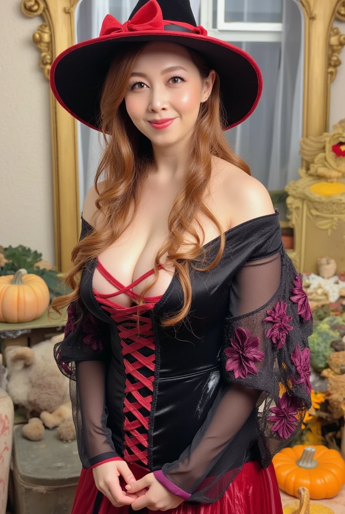 busty and sexy girl, 8k, masterpiece, ultra-realistic, best quality, high resolution, high definition, halloween, witch dress, witch hat, pumpkins, Victorian fashion, Rococo fashion, black corset with red ribbon lacing, purple lace details on the sleeves, Puffed sleeves, ornate flower frame background, historical vibe, historical fashion with fantasy elements,lolita
