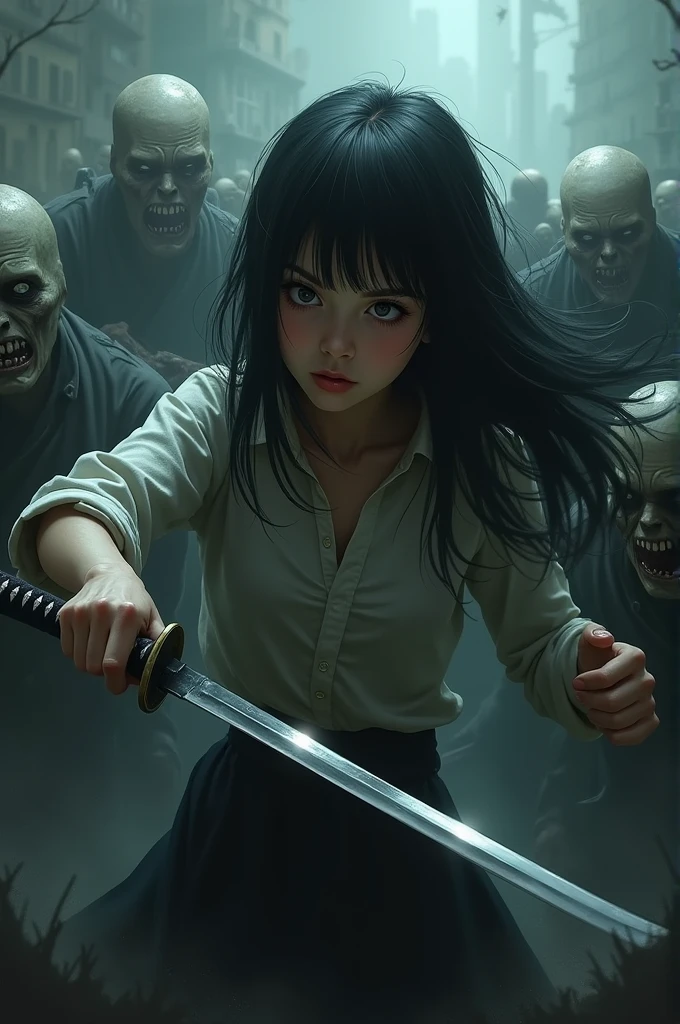 Cover image of a woman wearing a Thai school uniform, white shirt, black A-line skirt, black hair tied up with bangs with a blue bow on her hair, fighting fiercely against a horde of zombies wearing different clothes, blood splattered, blood everywhere, with a baseball bat hitting the zombies&#39; heads. She wears tattered clothes, do not expose herself. The scene is dark and atmospheric, with a realistic and fierce style. The background is an old Thai temple, with a broken tuk-tuk parked on the right of the image, the character&#39;s expression is fierce.