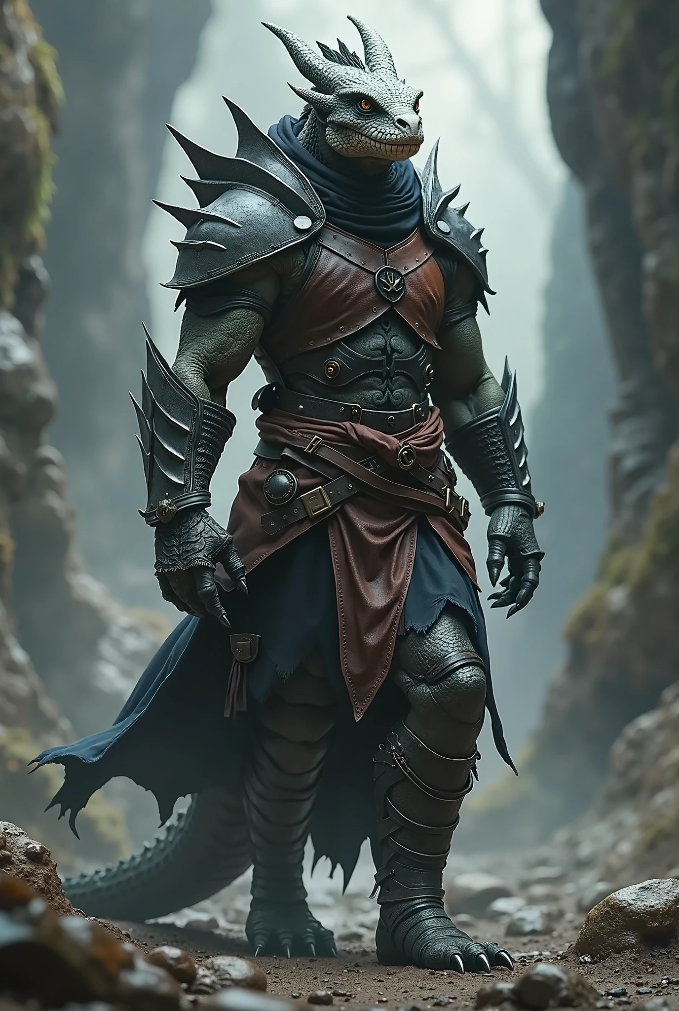 A draconid barbarian wearing black clothes and a katana that emanates darkness