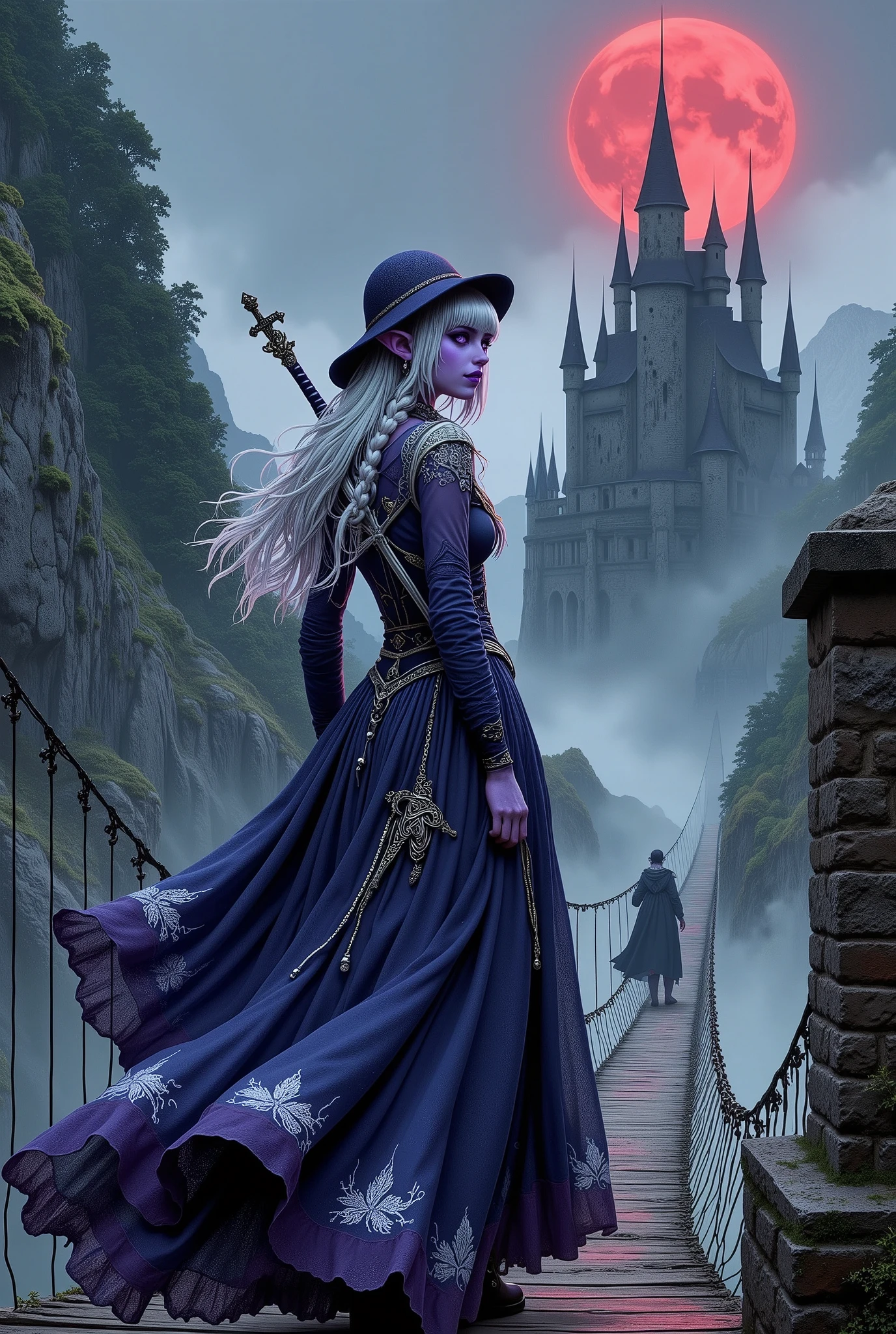 (Ultra-detailed face, Looking away, Fantasy Illustration with Gothic, Dark tone colors.), BREAK 
(A viewpoint looking slightly up at the bridge from the side. A misty night, with a blood-colored moon turning the landscape red. On a stone suspension bridge leading to Dracula's Castle, an ancient and disfigured medieval European castle, a female dark elf vampire hunter is about to draw a shiny, pale silver dagger from its sheath on her back, hanging from a belt at her waist. In one hand, she holds a large silver cross with a thin chain in front of her and crosses the stone bridge carefully, keeping her stance low. The area is shrouded in a deep fog.), BREAK 
(A female dark elf vampire hunter wears a wide-brimmed hat and a white lace scarf. She wears a cape dress of dark blue sheer fabric organdy with a white lily flower pattern woven into it, woven with layers of thin silver cord. She wears soft leather boots with woven silver tape.), BREAK 
(A young aged dark elf female vampire hunter with glossy pure white hair and eyebrows, blunt bangs, very long braided hair that is gently wavy with moisture, small pink lips, dark purple skin, lavender eyes, and thick dark eyeliner around her eyes.), BREAK 
(This is a rugged mountainous region ruled by a brutal Dracula lord. Beyond an old stone bridge, a gothic castle with a series of piercing spires can be seen rising out of the mist.)