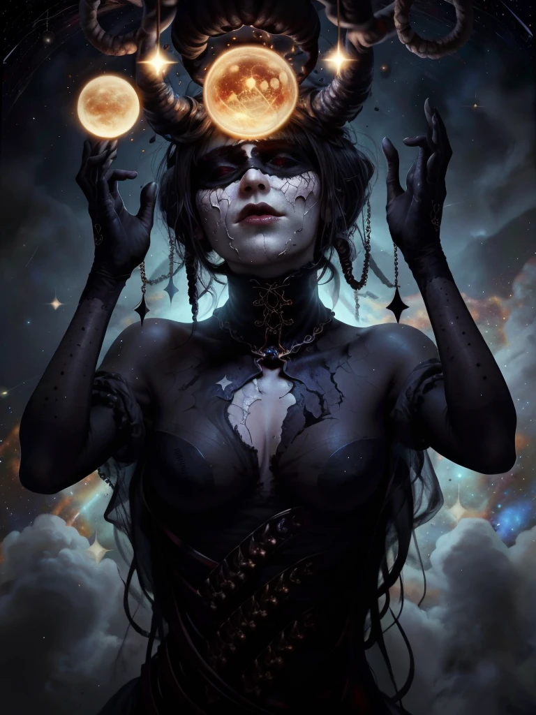 lump of darkness, a cosmic art, abstract lovecraftian artstyle, abyss a woman with stars all over her face, marc brunet, black blindfold, gilded, the void people, breathtaking stars, dressed in black, covered head, with a star - chart, wearing dark silk, vertical eyes, blindfolded, her gaze is downcast