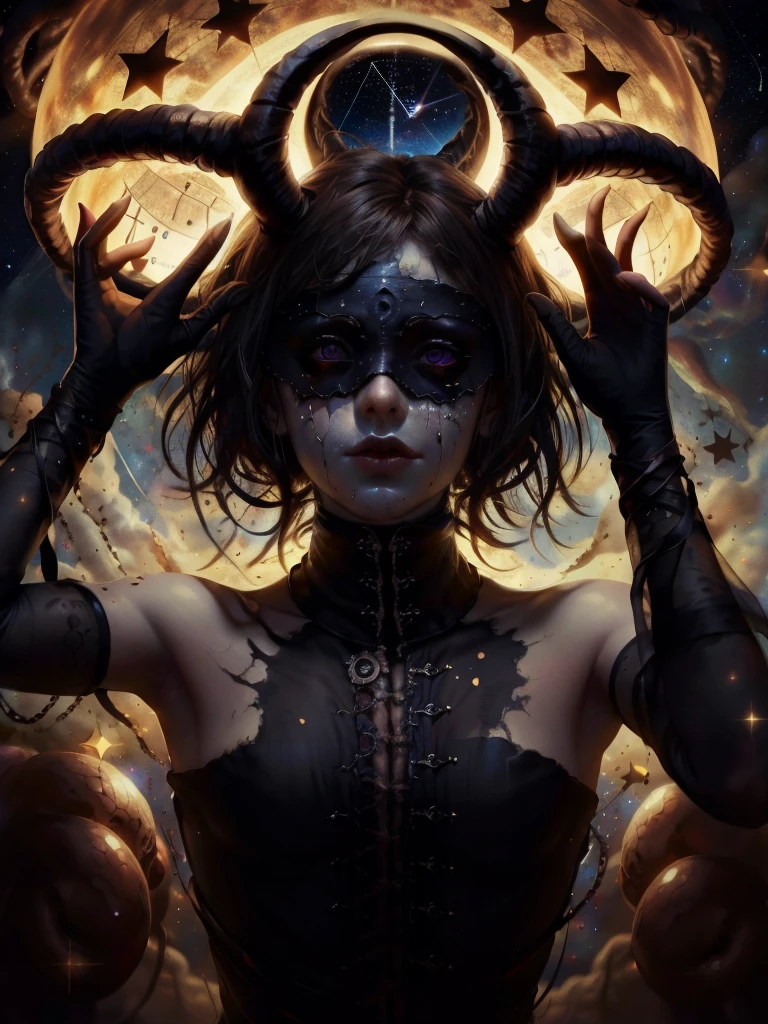 lump of darkness, a cosmic art, abstract lovecraftian artstyle, abyss a woman with stars all over her face, marc brunet, black blindfold, gilded, the void people, breathtaking stars, dressed in black, covered head, with a star - chart, wearing dark silk, vertical eyes, blindfolded, her gaze is downcast