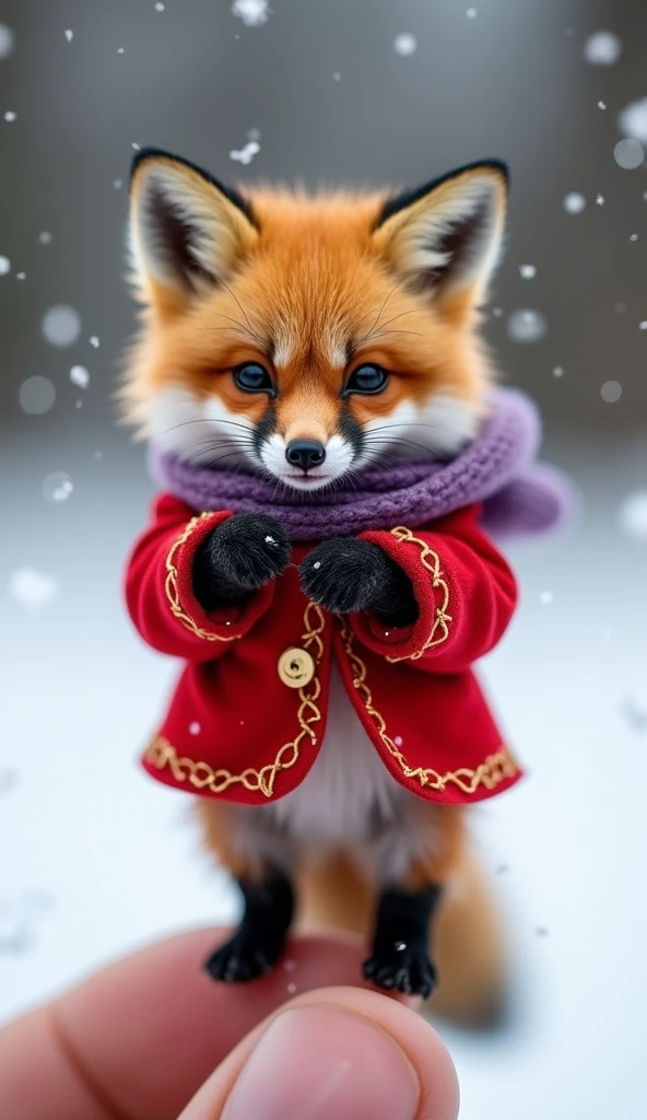  A small magical creature ， that looks like a combination of a fox and an elf ，Wear a mini 、 A magical trench coat and a glowing scarf 。 windbreaker made of shiny 、 color-changing fabric ， scarf that emits a soft magical glow 。 This creature has a large 、 Curious eyes and a furry tail。