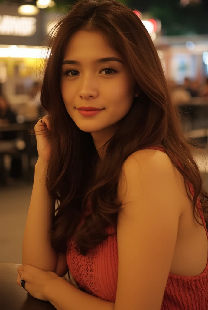 photo of young woman, highlight hair, sitting outside restaurant, wearing dress, rim lighting, studio lighting, looking at the camera, dslr, ultra quality, sharp focus, tack sharp, dof, film grain, Fujifilm XT3, crystal clear, 8K UHD, highly detailed glossy eyes, high detailed skin, skin pores