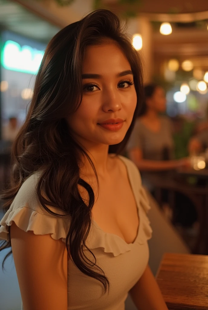 photo of young woman, highlight hair, sitting outside restaurant, wearing dress, rim lighting, studio lighting, looking at the camera, dslr, ultra quality, sharp focus, tack sharp, dof, film grain, Fujifilm XT3, crystal clear, 8K UHD, highly detailed glossy eyes, high detailed skin, skin pores