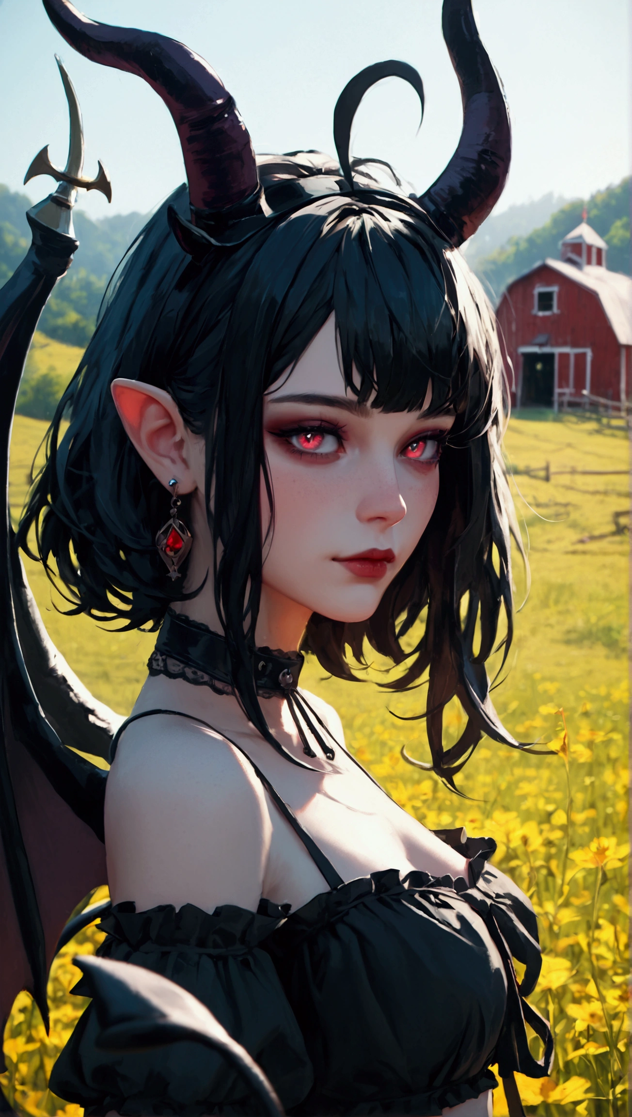 Black hair, Gothic face, goth face, Demon girl, demon horns, demon tail, demon wings, cow_ears, farm background, perfect eyes, high details eyes, cow_legs, cow_clothes, full body view, (Score_9, score_8, score_7_up)(Best quality)(4k)(High resolution)(Masterpiece:1.2)(Ultra detailed)