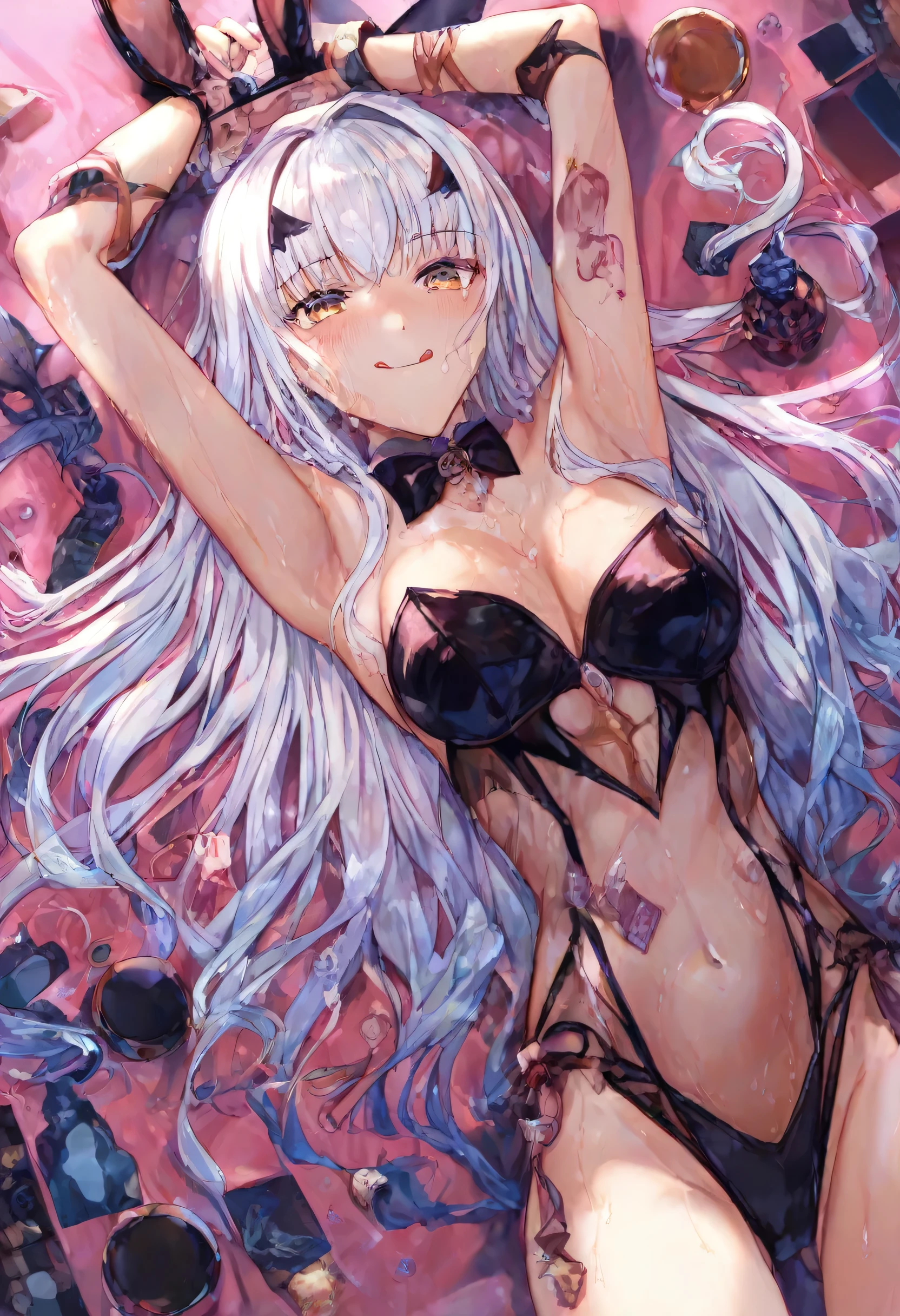 Naked girl laying on bed, White hair, Ponytail, Purple eyes, Ahegao, Open wide mouth, Tongue out, After Sex, Spread legs, Creampie, Sperm coming out of pussy, Arms up, Armpit