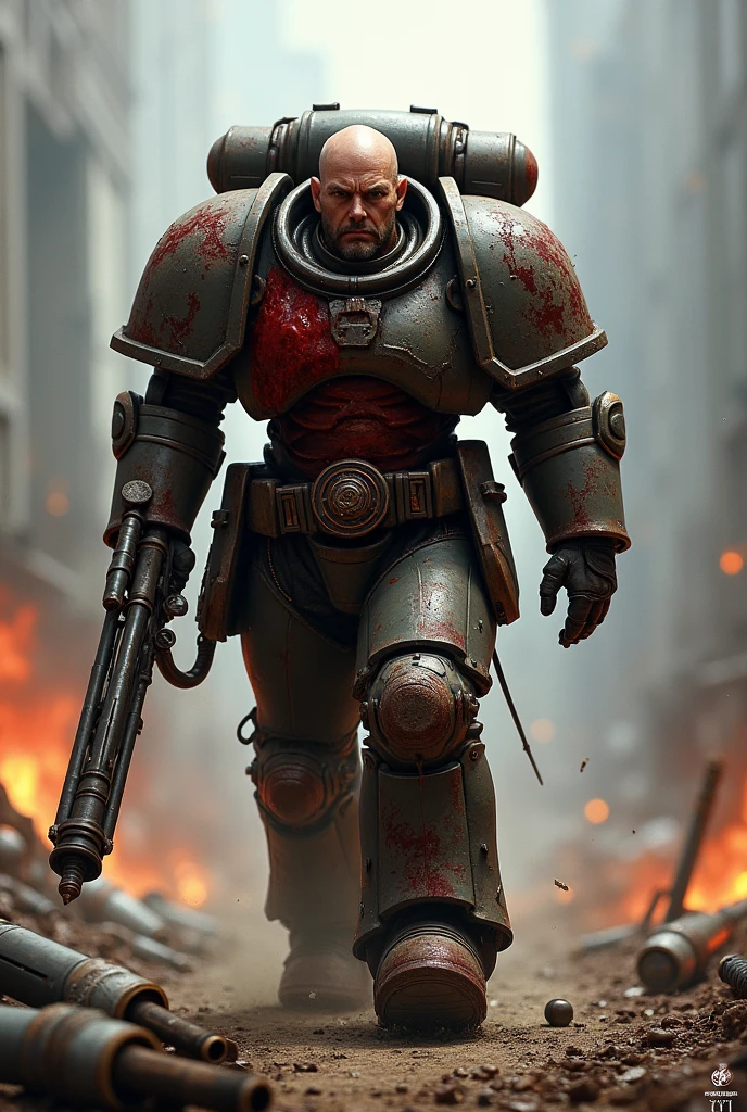 {{Masterpiece, best quality, oil painting, by Franz von Lenbach}}, ((((((the full body portrait of a 20 year old male cyborg, manly, sexy, tall, muscular, flashing eyes, he has blood covered silver hair, splattered in blood scarred face, sullen, arrogant, haughty, majestic, furious)))))), ((((He is splattered in blood, wearing a blood covered white cyborg plate armor, with a red diamond shape on his chest)))). (((burning covered in blood background))), surrounded by a cloud of moths, with a red diamond shape on his chest.