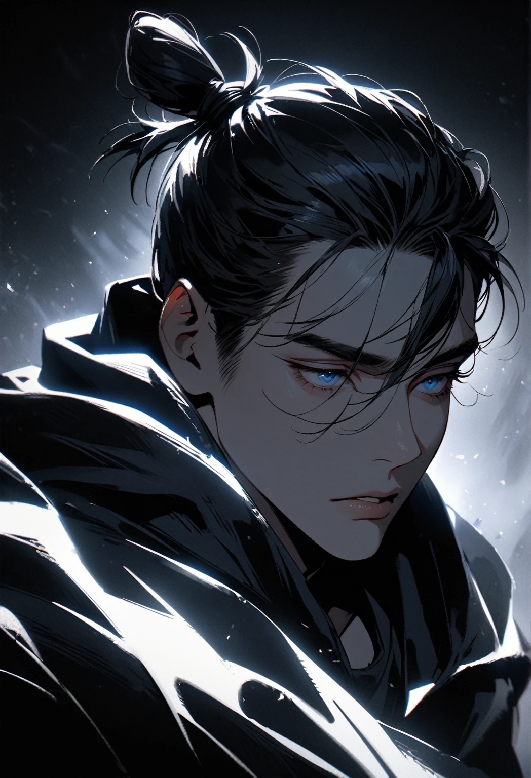 solo, handsome, Watercolor,1 male, Man Bun,short hair, black hair, red & blue eyes,black light, black coat, smoke, smoking, blue fire