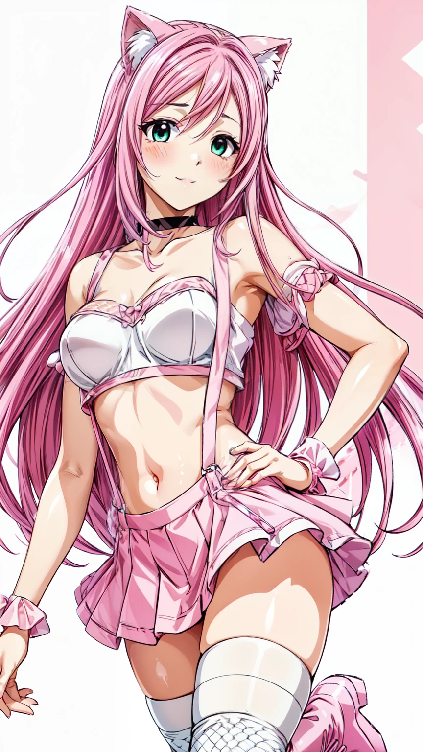 (masterpiece, best quality, beautiful and aesthetic:1.3),1woman, ((very mature woman)),(30 years old, thirties), solo, light smile, (pink hair streaked white:1.4), (Gradient pink hair ends:1.6), hair strand, absurdly long hair, single sidelock, wavy hair, shiny hair, floating hair, (deep green eyes), delicate eyes, aqua eyes, super high detailed eyes, long upper eyelashes, makeup, Focus on face, Very detailed facial, Pretty Face, Perfect breasts, hot body, (Delicate skin texture:1.2), extreme detailed, standing,light smile, BREAK (pink and white theme:1.4), (headdress with pink fake cat ears:1.4), (wear a pink suspenders over an off-shoulder short-sleeve white crop top:1.4), (pink heart(symbol) print on crop top:1.3), ((stomach, navel):1.2), (low-rise pink latex (A-line:1.2) tiered skirt with suspenders:1.3), (pink tiered mini skirt with pink suspenders:1.3), (pink wristband:1.3), (has a beautiful mesh fishnet tights:1.3), (countless small pink ribbon decorations:1.3), (white latex platform boots:1.2),