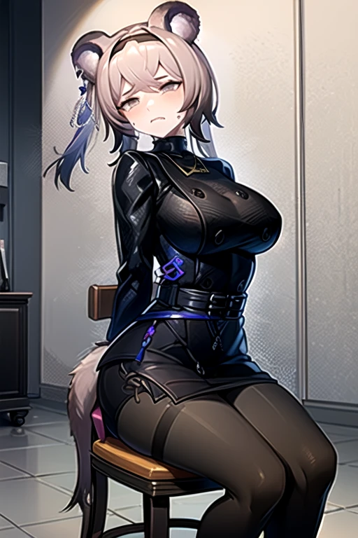  best quality, masterpiece,  high definition , 1 person, {Also_ Arknights:0.90},  1 girl, black_ dress, length_sleeve ,  is looking sideways, indoor, cowboy_shot, closure_mouth, ((Hands Tied behind)), ((Arms behind back)), wide_sleeve , black_ pantyhose , formal_Alternine_Costume, underground,  concrete floor that excretes poop, concrete wall, underground room, ((grimacing)), anger,  sitting on the chair, Thighs together, black tights, closure legs, underground室,