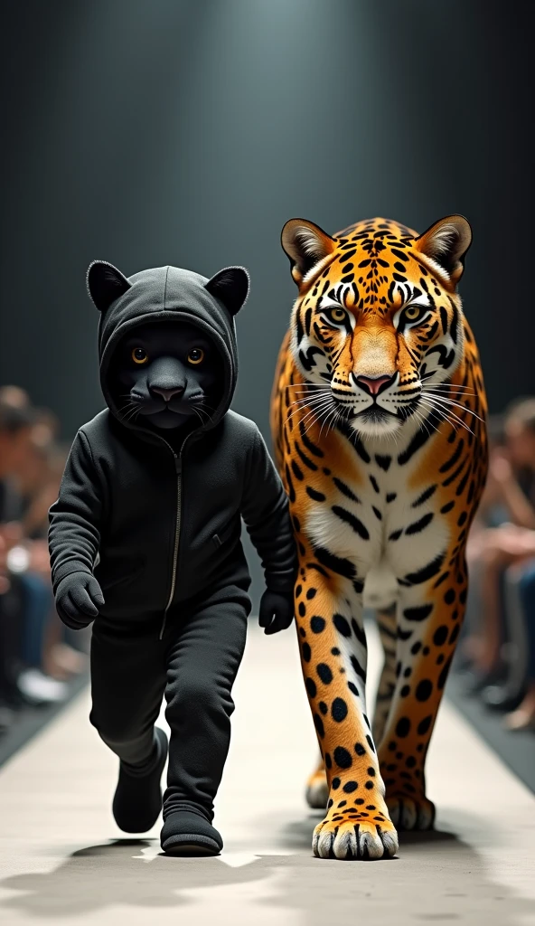 "A baby dressed as a black panther walks alongside a real black panther on a runway during a fashion show. The baby is in a sleek black panther costume with detailed features like a smooth coat and feline ears. The real black panther, majestic and powerful, accompanies the baby on the illuminated runway, creating a striking and elegant display. The fashion show is set in a sophisticated and modern environment, with dramatic lighting that enhances the allure of this impressive duo