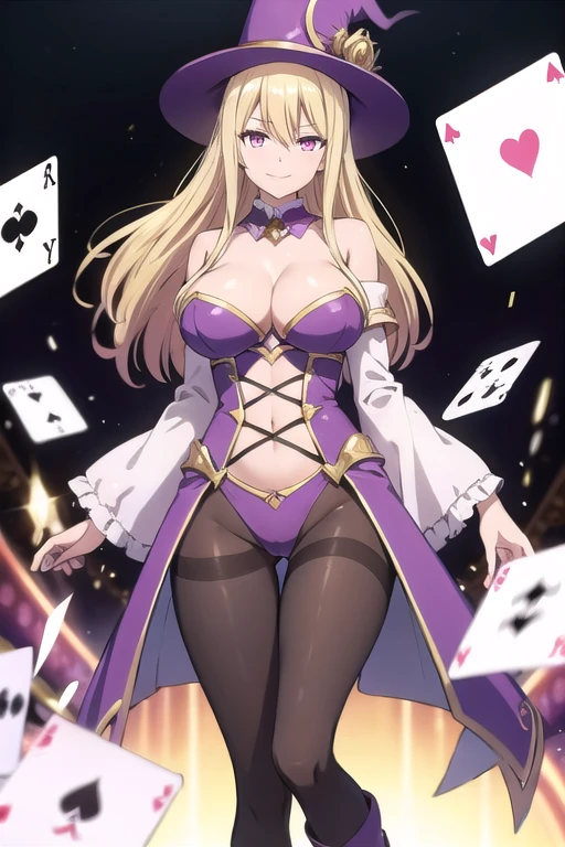 ftselenecas, pink eyes, blonde hair, long hair, mature female, big chest, calm smile, perfect waist, large breasts, a magic aura around her, magic wand, show, stage, pink eyes, longe blonde hair, floating, dropping sleeves, cards, female magician leotard, magician hat, frills, brown boots, black pantyhose, purple outfits