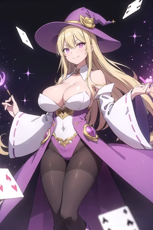 ftselenecas, pink eyes, blonde hair, long hair, mature female, big chest, calm smile, perfect waist, large breasts, a magic aura around her, magic wand, show, stage, pink eyes, longe blonde hair, floating, dropping sleeves, cards, female magician leotard, magician hat, frills, brown boots, black pantyhose, purple outfits