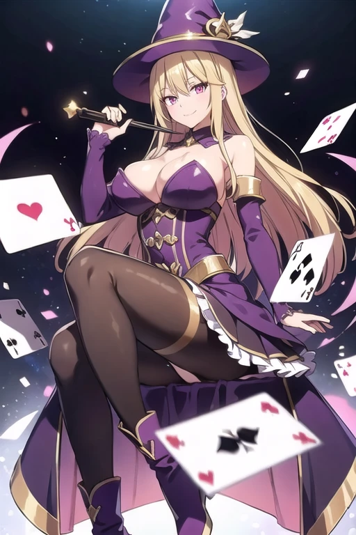 ftselenecas, pink eyes, blonde hair, long hair, mature female, big chest, calm smile, perfect waist, large breasts, a magic aura around her, magic wand, show, stage, pink eyes, longe blonde hair, floating, dropping sleeves, cards, female magician leotard, magician hat, frills, brown boots, black pantyhose, purple outfits