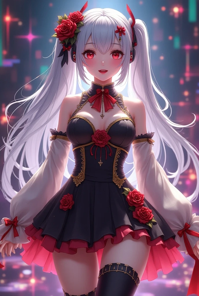 Arlecchino_(genshin impact), ornament hair, black hair, long hair, 1 girl, Looking at the audience, flowing hair, white hair, Beautiful Eyes, Plump and glossy lips, Idol, dress with too many frills, black dress, red laces, black Short skirt, Drape clothes, red gem, Lace trim, bright stage, luxury gold details, gold jewelry, more details, best quality, Big sparkling eyes, blushing, Striped Lace Stockings, black Lolita skirt, sparkle, solo, centered girl, cowboy shot, perfectly body, perfectly hands, two arms, two legs, two hands, five fingers, perfect anatomy, glowing hair, red roses, 1girl, dress, solo, flowing hair, floating hair, ornament hair, perfectly body, perfectly hands, on the stage, sparkles, more details on her clothes, dress with transparency, golden details on her dress, night, holding a microphone, ((4k, masterpiece, top-quality)), 8k, best quality, high resolution, UHD, (illustration:0.8), super cute girl, delicate and beautiful face, mature girl, super cute hairstyle, (beautiful detailed eyes:1.6), extremely detailed face, perfect lighting, extremely detailed CG, (perfect hands, perfect anatomy), Best quality ((4k, masterpiece, top-quality)),8k, best quality, high resolution, HD, (illustration:0.8), super cute girl, delicate and beautiful face, mature girl, super cute hairstyle, (beautiful detailed eyes:1.6), extremely detailed face, perfect lighting, extremely detailed CG, (perfect hands, perfect anatomy), Best quality, cleavage, small skirt, full Body, two arms, two legs, two hands, five fingers