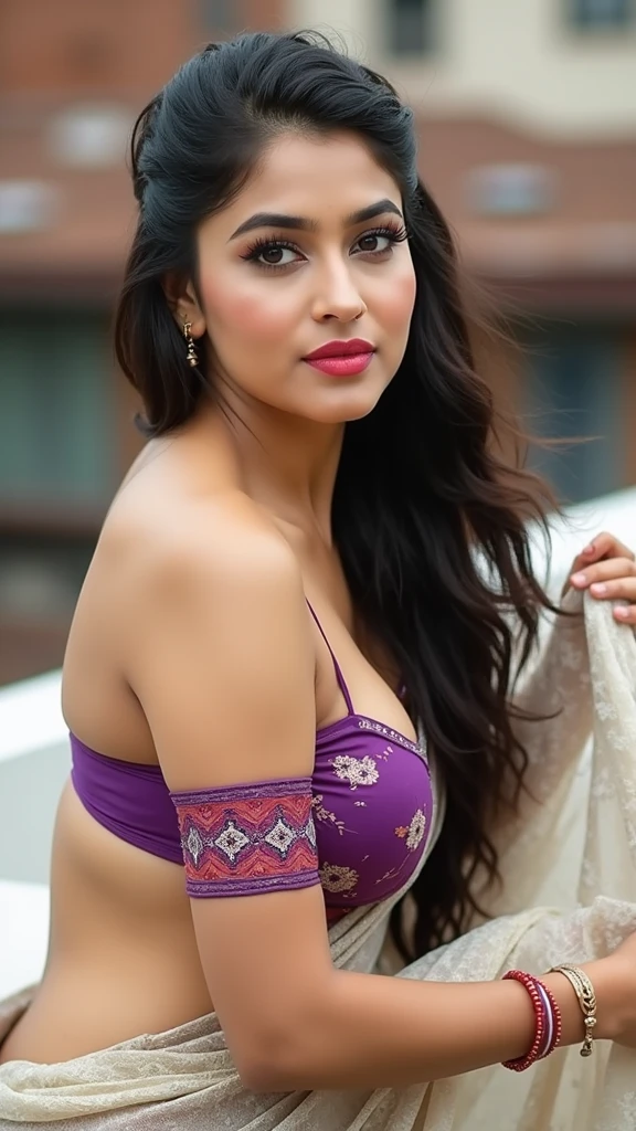 ((masterpiece)) ((high quality)) (detailed) Looking at viwer, from behind, masterpiece, high quality, 1girl, long hair, Areola_slip, bandaid, large breasts, on bridge, over a river, at noon, wearing transparent saree, perfect face, both eyes
