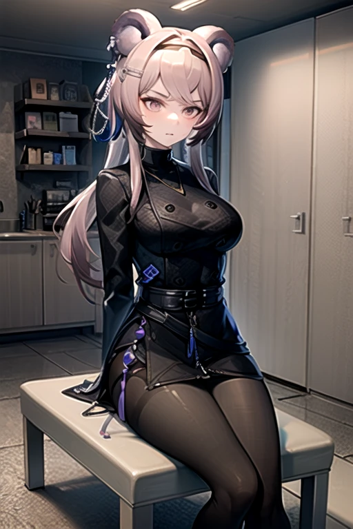  best quality, masterpiece,  high definition , 1 person, {Also_ Arknights:0.90},  1 girl, black_ dress, length_sleeve ,  is looking sideways, indoor, cowboy_shot, closure_mouth, ((Hands Tied behind)), ((Arms behind back)), wide_sleeve , black_ pantyhose , formal_Alternine_Costume, underground,  concrete floor that excretes poop, concrete wall, underground room, ((grimacing)), anger,  sitting on the chair, Thighs together, black tights, closure legs, underground室,